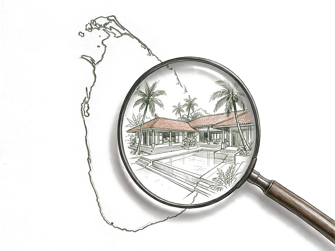 Pencil drawing of Sri Lanka’s outline, with a magnifying glass revealing a boutique villa with terracotta roofs, a pool and palm trees